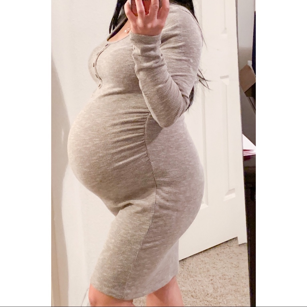 Taupe Ribbed Ruched Long Sleeve Maternity Dress